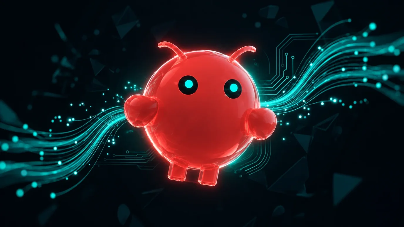 Маскот OpenClaw — круглый омар — в красном стекле среди бирюзовых световых потоков