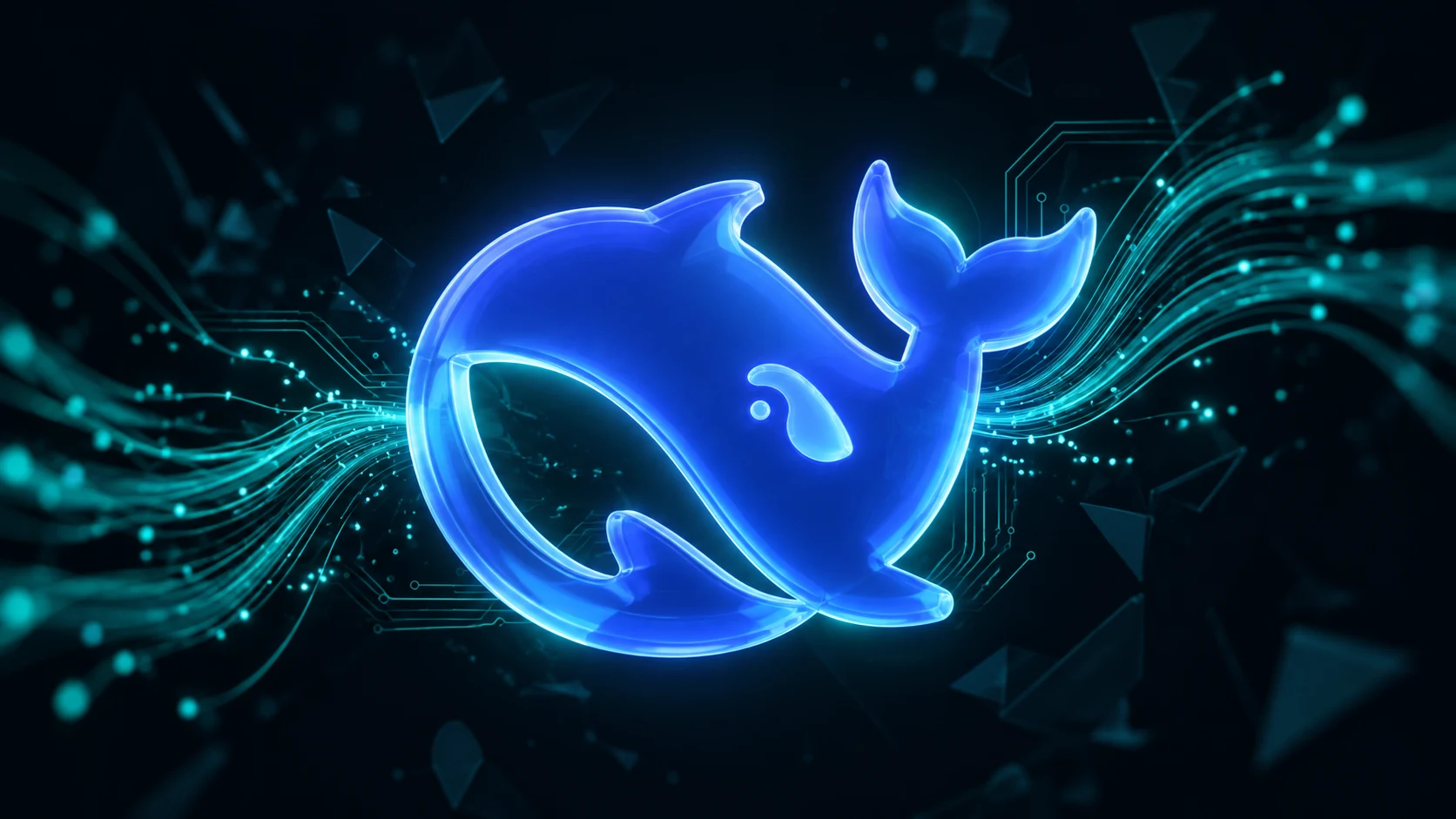 Знак DeepSeek — кит в синем стекле среди бирюзовых световых потоков