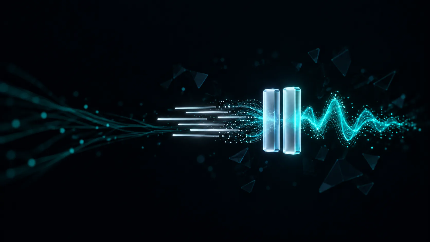 Знак ElevenLabs в серебристом стекле и бирюзовая звуковая волна