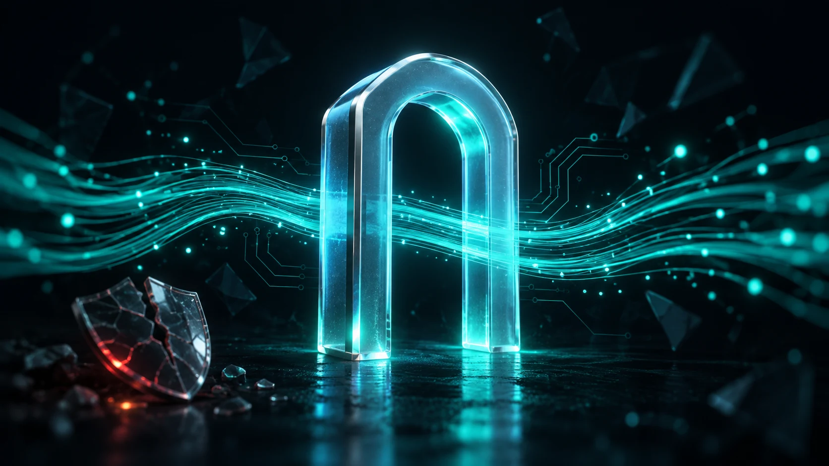 Бирюзовые световые потоки проходят прямо через открытую стеклянную арку, треснувший щит лежит в стороне
